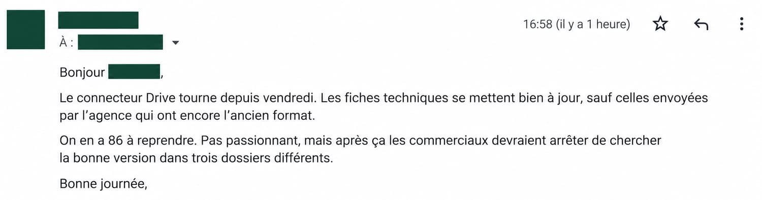 Mail client : « Le connecteur Drive tourne depuis vendredi. Les fiches techniques se mettent bien à jour, sauf celles envoyées par l’agence qui ont encore l’ancien format. On en a 86 à reprendre. Pas passionnant, mais après ça les commerciaux devraient arrêter de chercher la bonne version dans trois dossiers différents. »